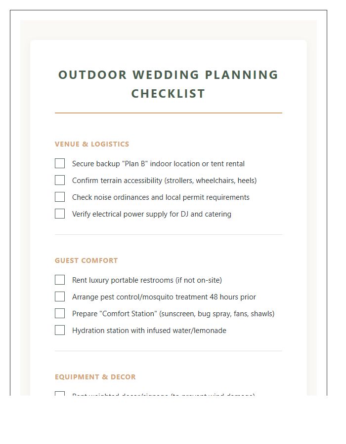 Outdoor Wedding Planning Checklist Printable Chart