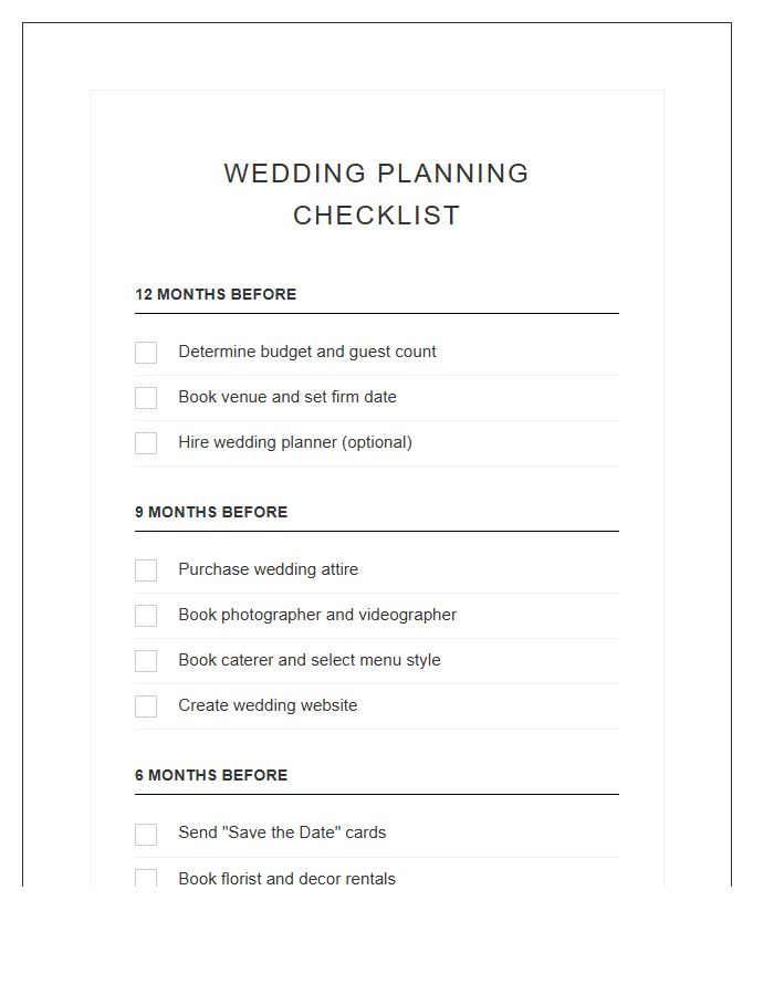 Simple Wedding Planning Checklist Printable Chart