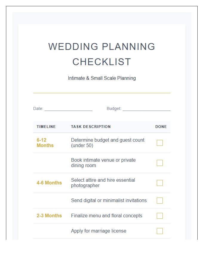 Small Wedding Planning Checklist Printable Chart