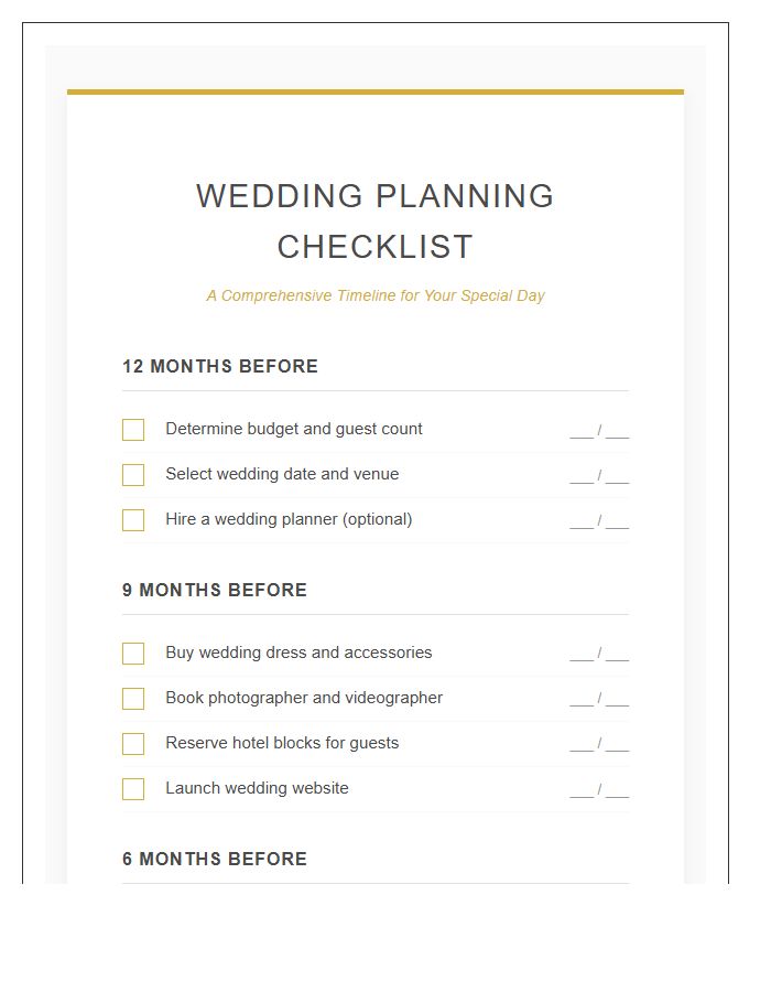 Traditional Wedding Planning Checklist Printable Chart