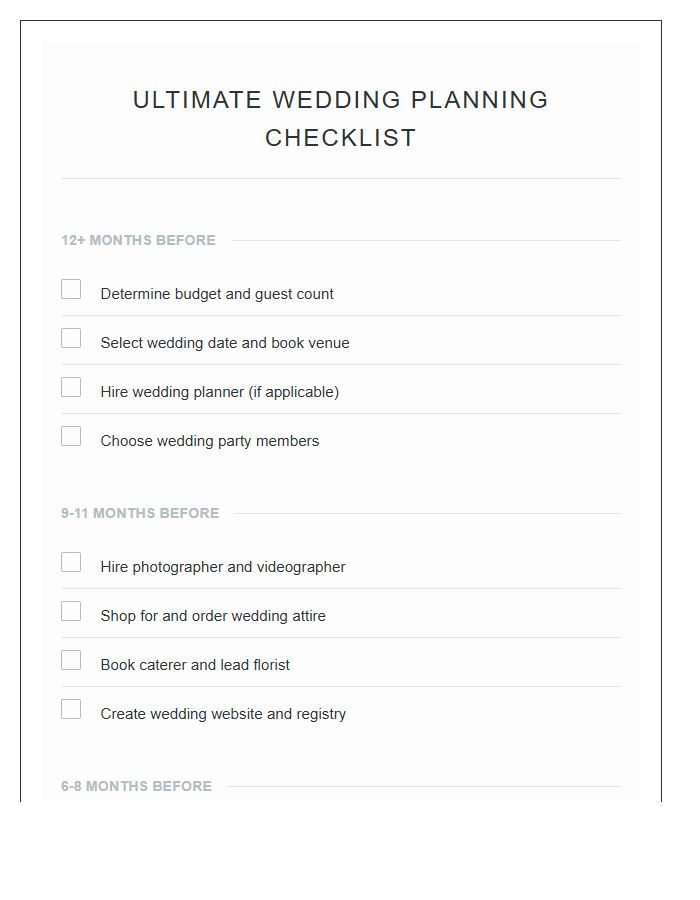 Ultimate Wedding Planning Checklist Printable Chart