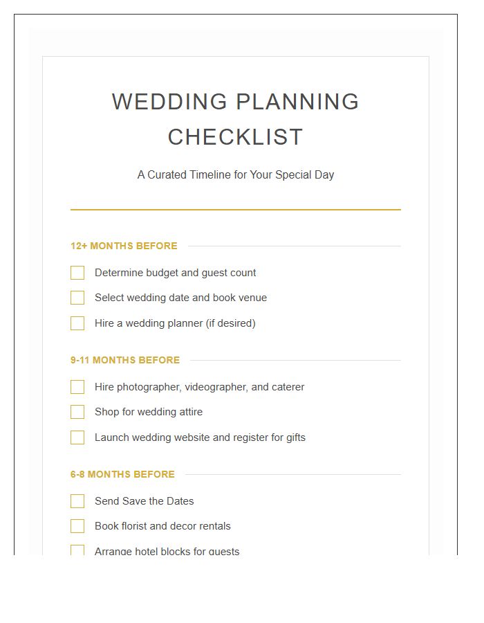 Wedding Planning Checklist Printable Chart Timeline