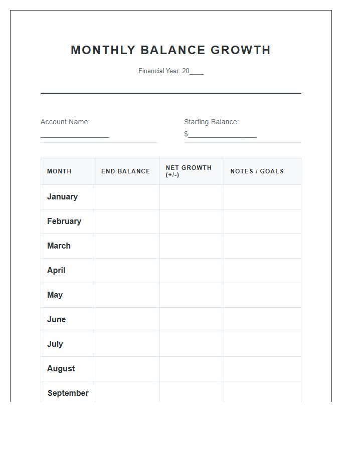 Monthly Bank Balance Growth Printable Chart