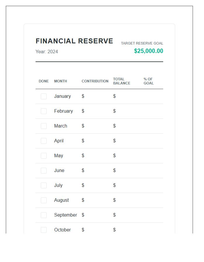 Monthly Financial Reserve Growth Printable Chart