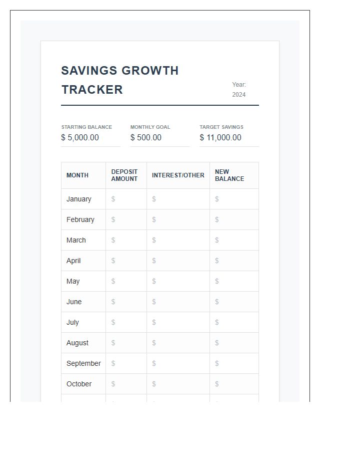 Professional Monthly Savings Growth Printable Chart