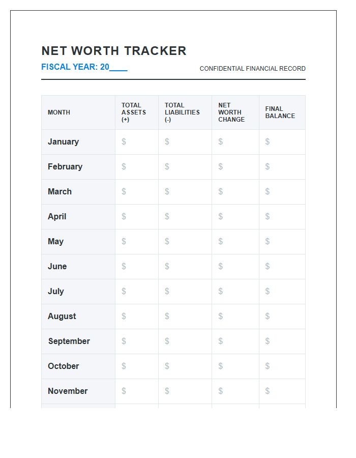 Total Net Worth Monthly Printable Chart