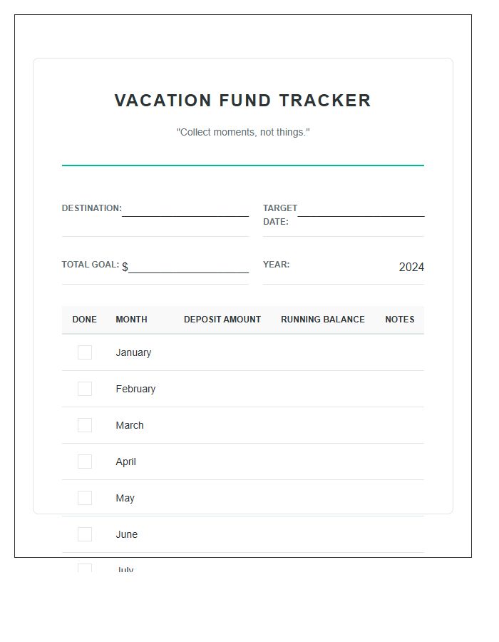 Vacation Fund Monthly Growth Printable Chart