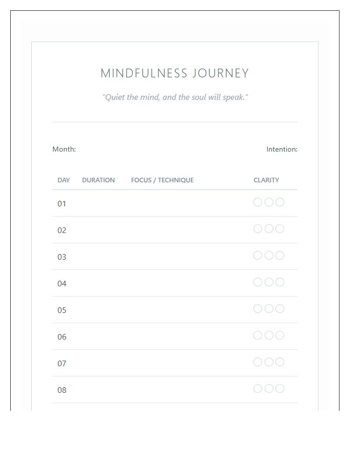Mindfulness Meditation Journey Printable Chart