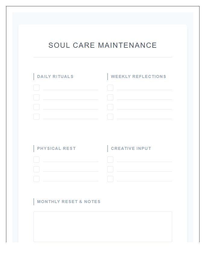 Soul Care Maintenance Printable Chart
