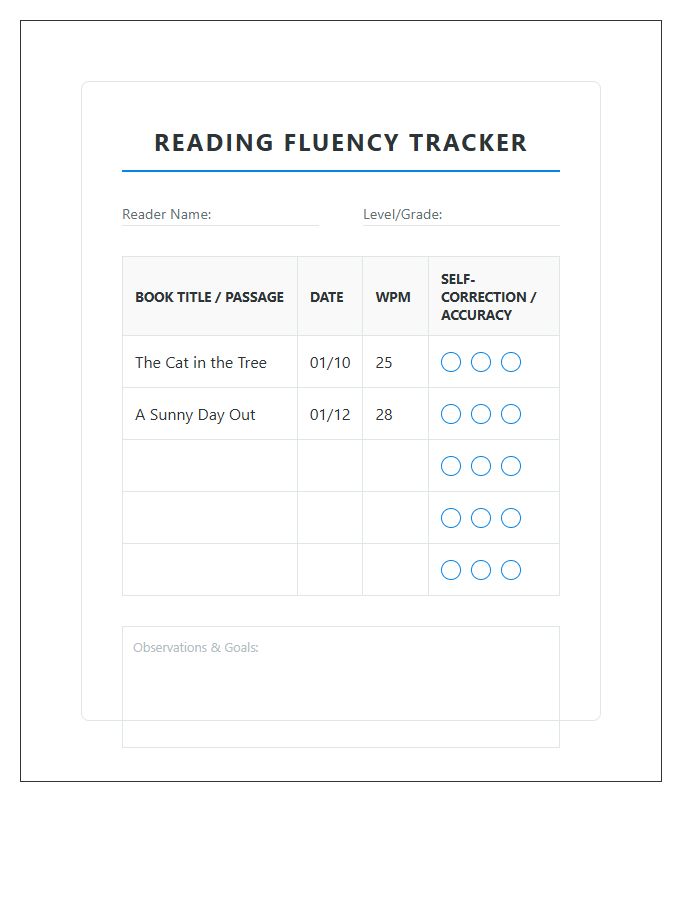 Beginner Reader Fluency Printable Chart