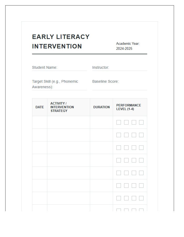 Early Literacy Intervention Tracking Printable Chart