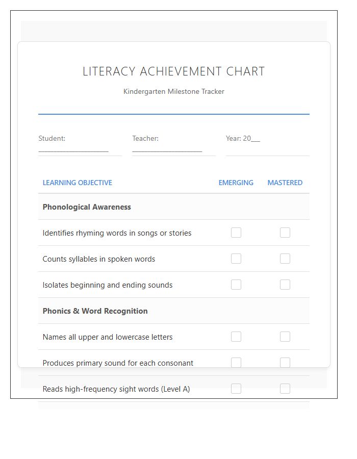Kindergarten Literacy Achievement Printable Chart