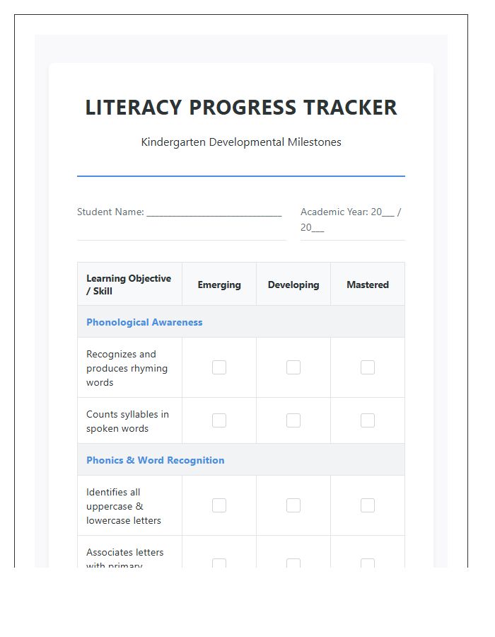Kindergarten Literacy Progress Tracking Printable Chart