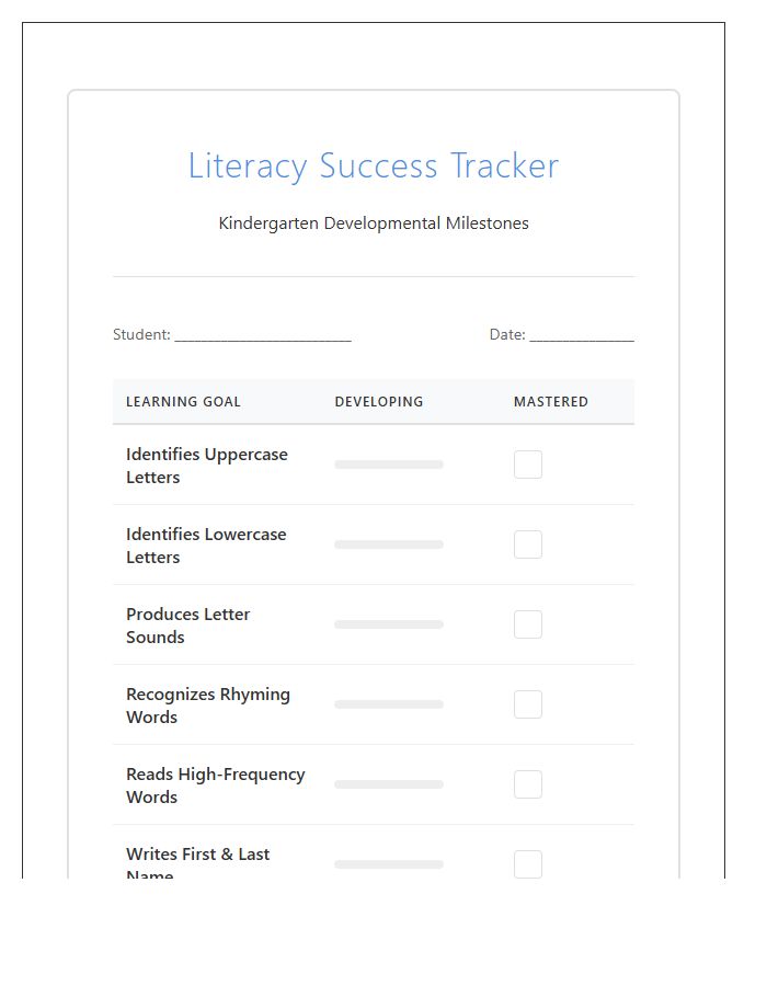 Kindergarten Literacy Success Printable Chart