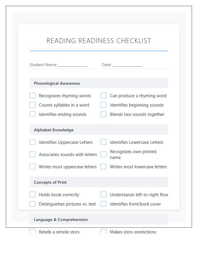 Kindergarten Reading Readiness Printable Chart
