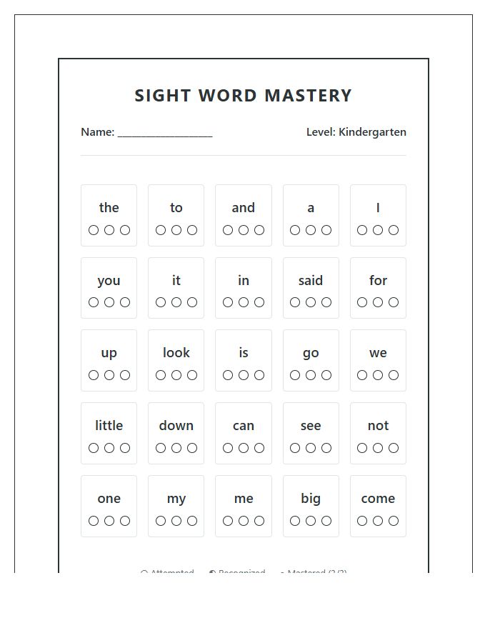 Kindergarten Sight Word Mastery Printable Chart