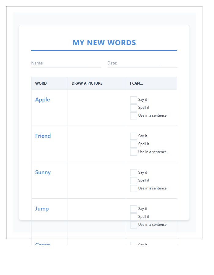 Kindergarten Vocabulary Building Printable Chart