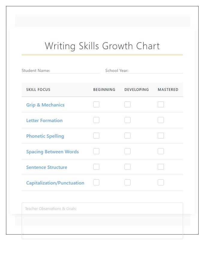 Kindergarten Writing Skills Growth Printable Chart