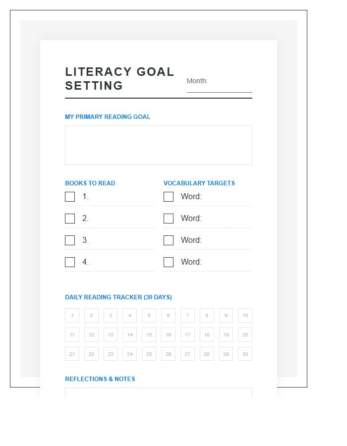Literacy Goal Setting Printable Chart