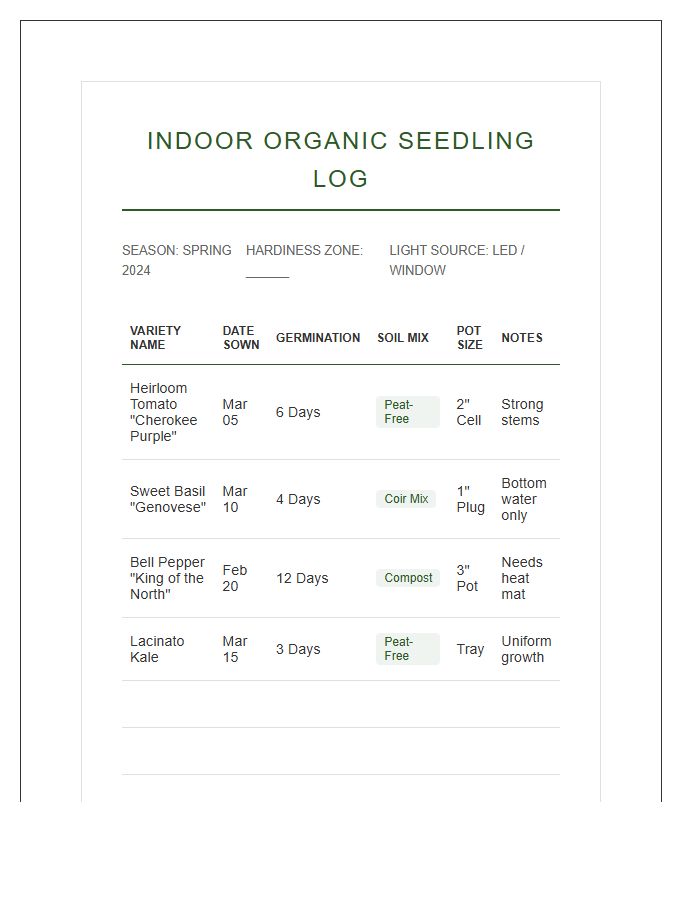 Indoor Organic Seedling Printable Chart