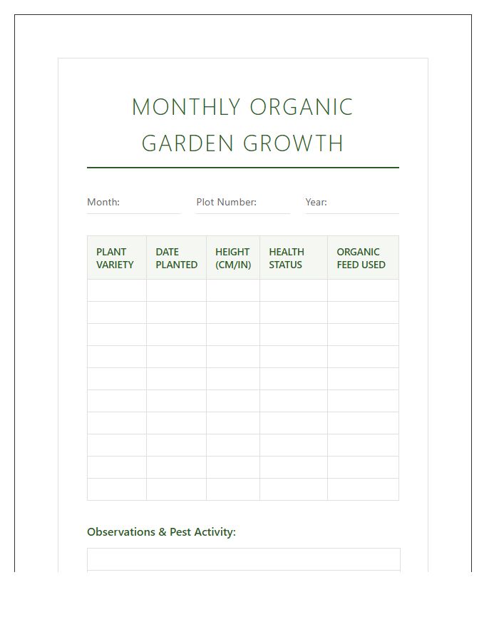 Monthly Organic Garden Growth Printable Chart
