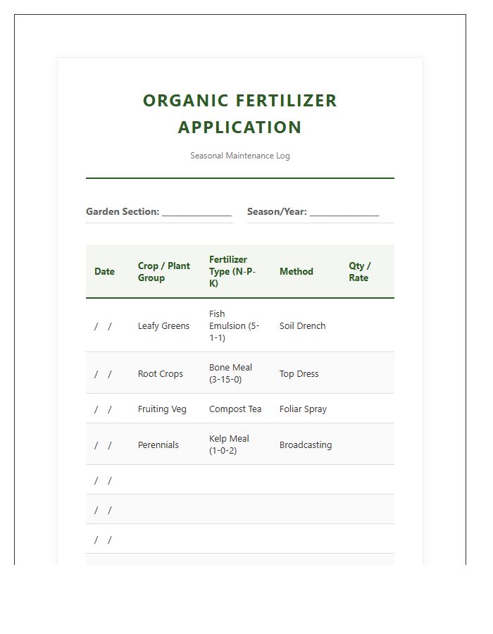 Organic Fertilizer Application Printable Chart