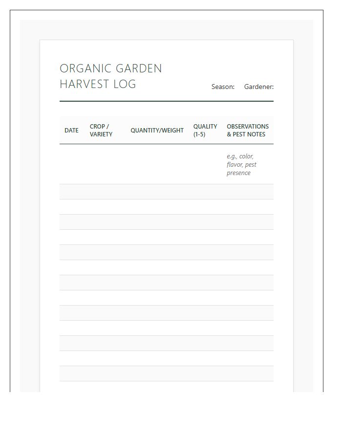 Organic Garden Harvest Log Printable Chart