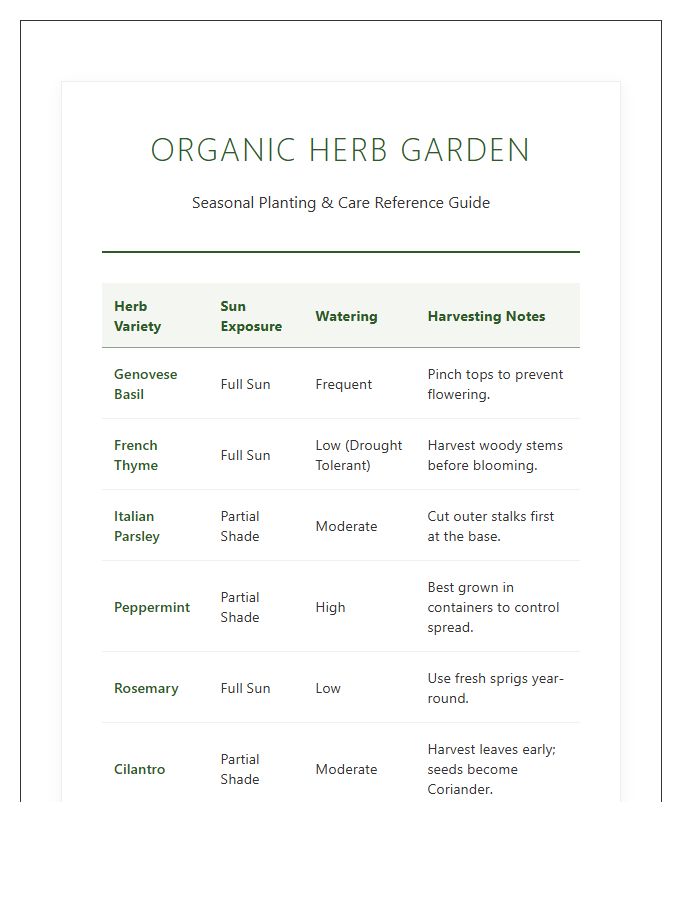 Organic Herb Garden Printable Chart