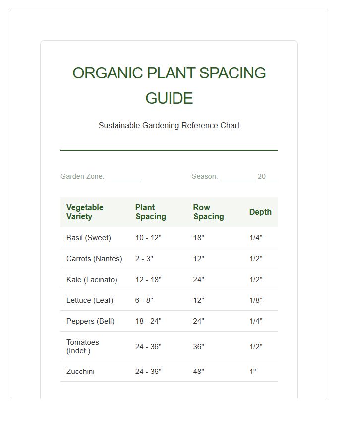 Organic Plant Spacing Guide Printable Chart