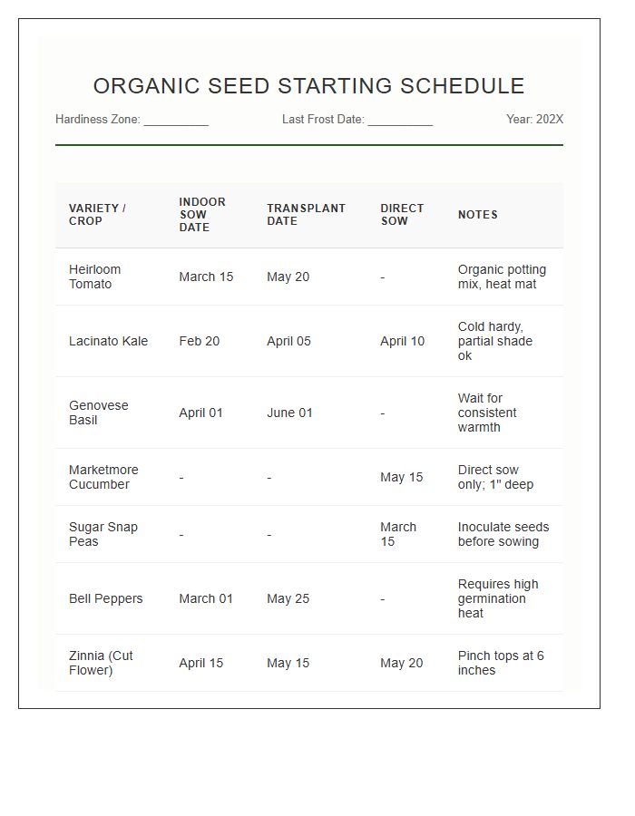 Organic Seed Starting Schedule Printable Chart