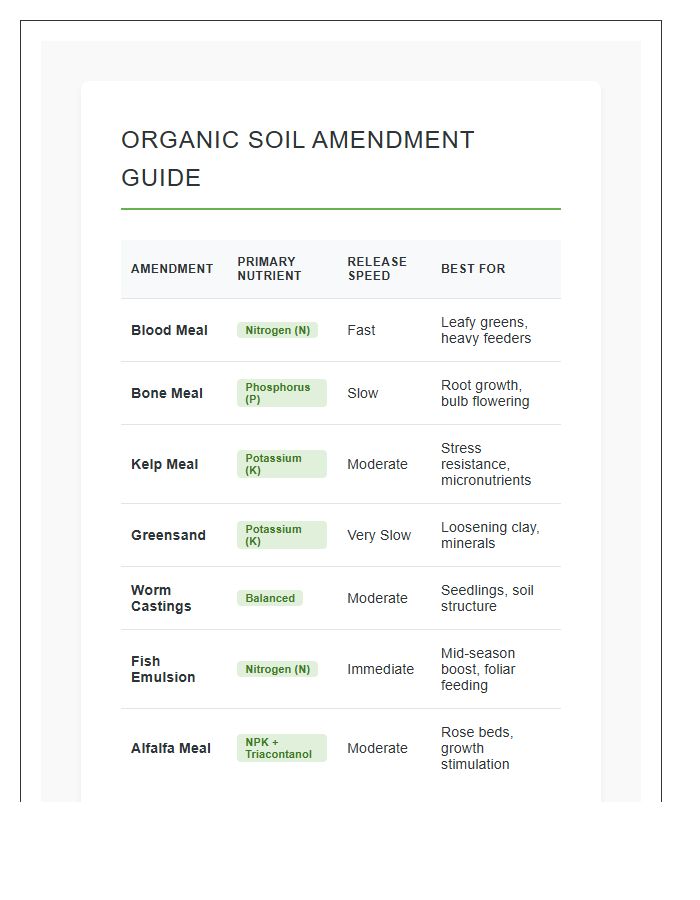 Organic Soil Amendment Printable Chart