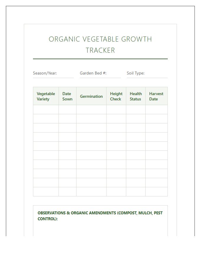Organic Vegetable Growth Tracking Printable Chart