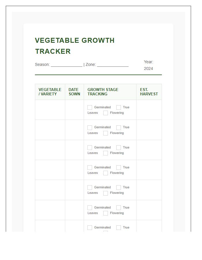 Vegetable Growth Stage Tracking Printable Chart