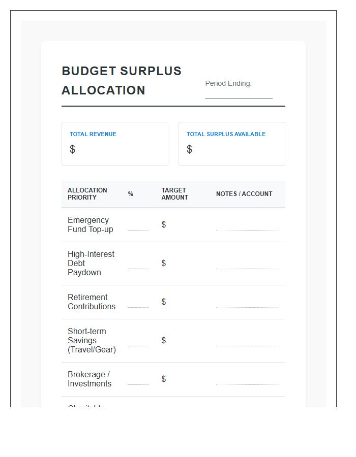 Budget Surplus Allocation Printable Chart