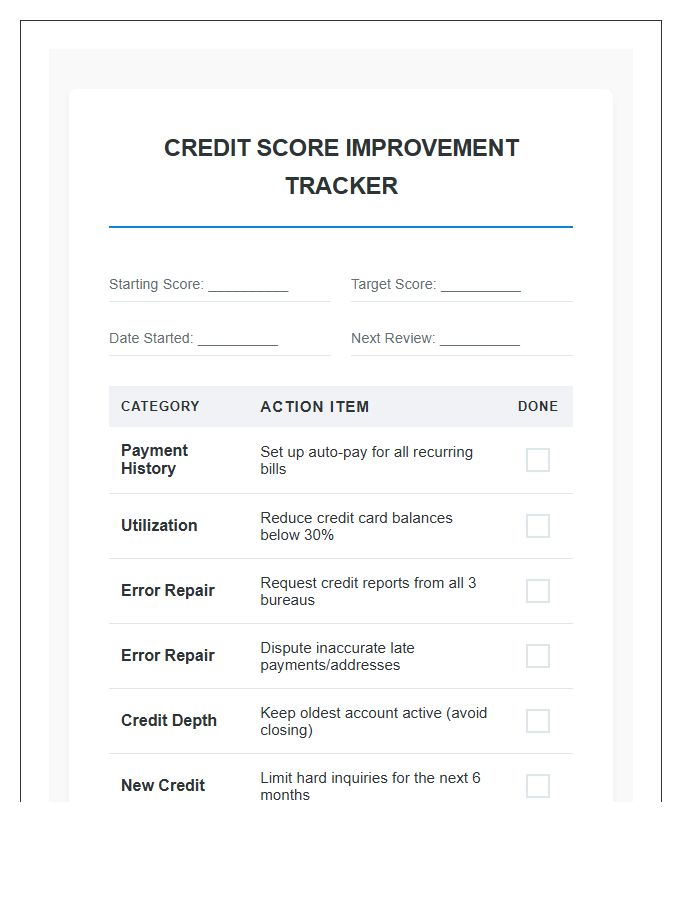 Credit Score Improvement Printable Chart
