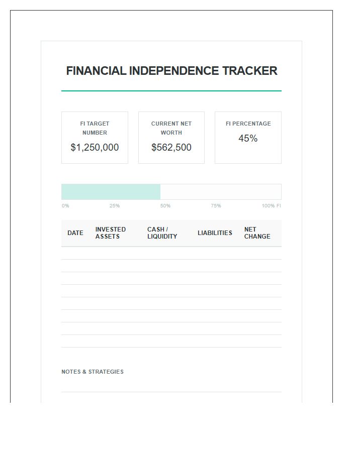 Financial Independence Tracker Printable Chart