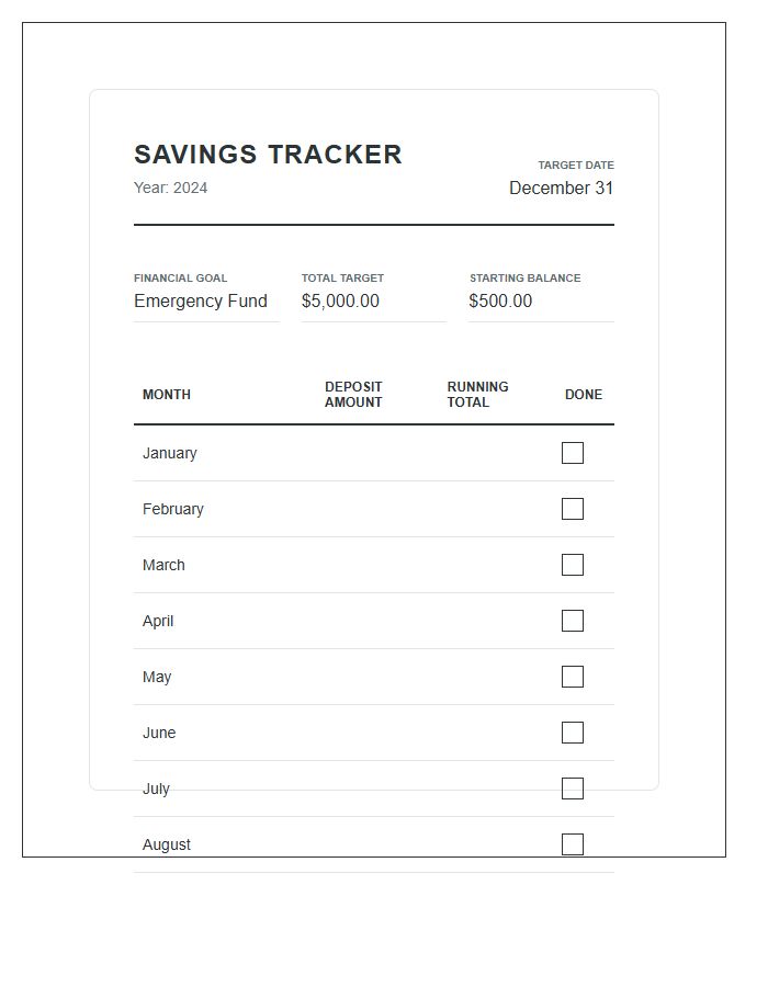 Monthly Savings Progress Printable Chart