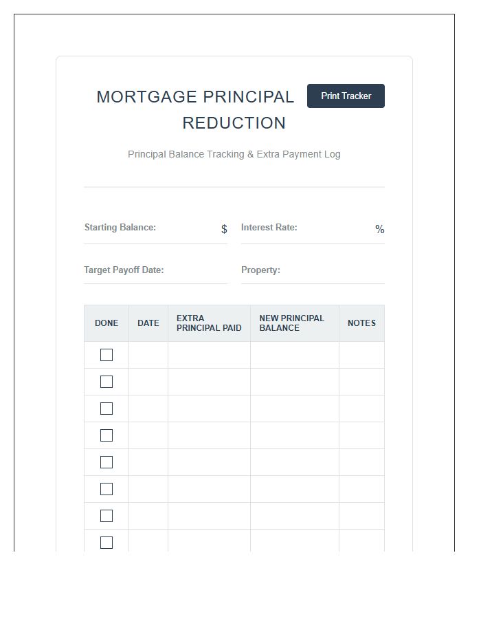 Mortgage Principal Reduction Printable Chart