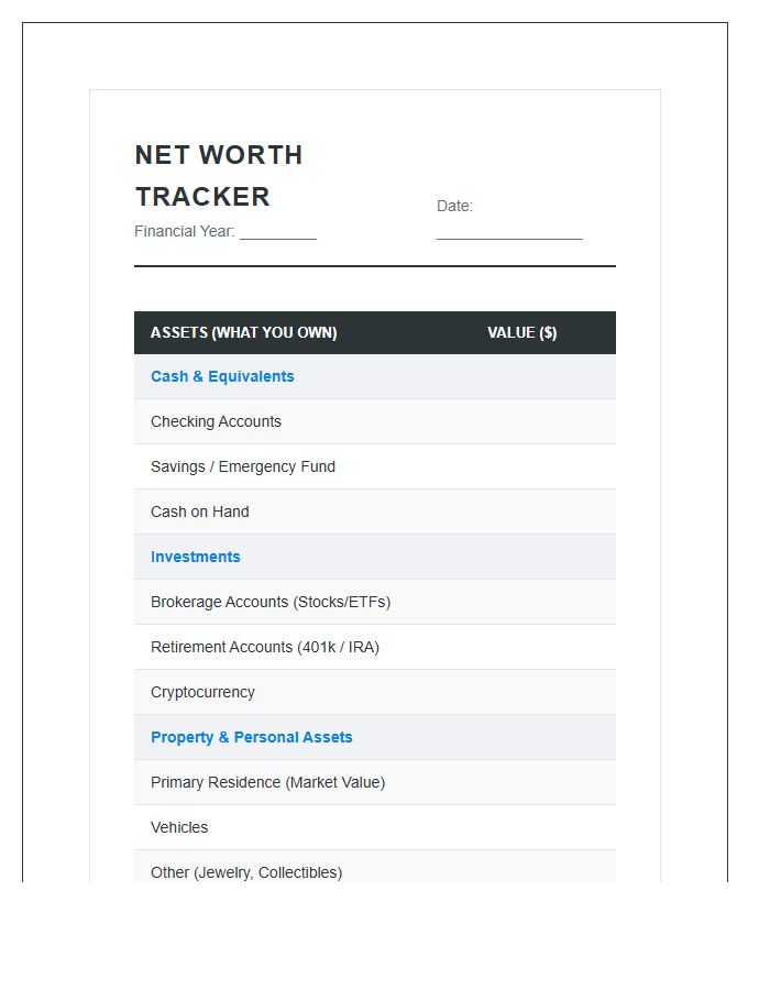 Net Worth Tracking Printable Chart