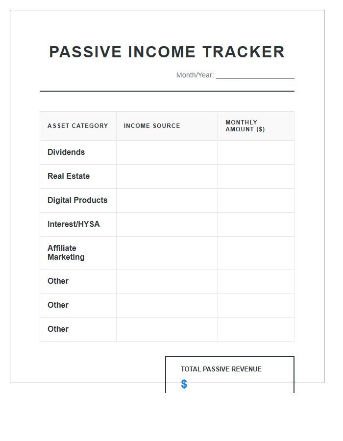 Passive Income Stream Printable Chart