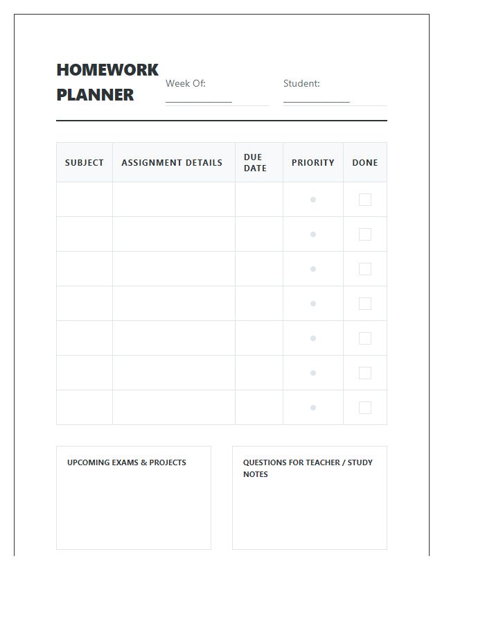 Academic Subject Student Homework Planner Printable Chart