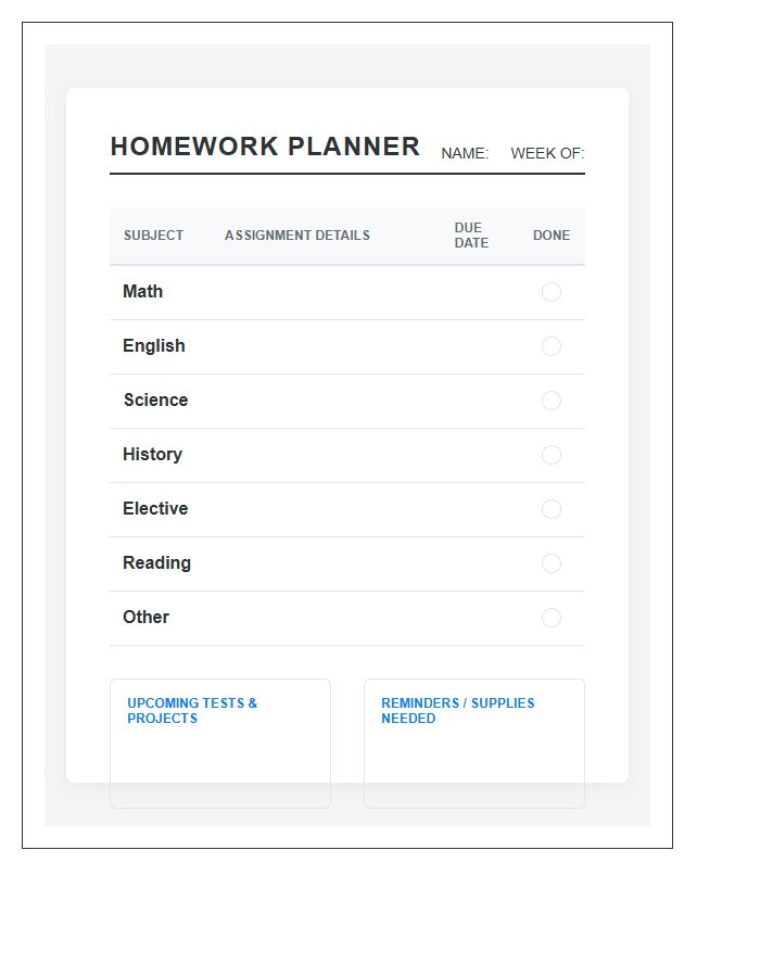 After School Student Homework Planner Printable Chart