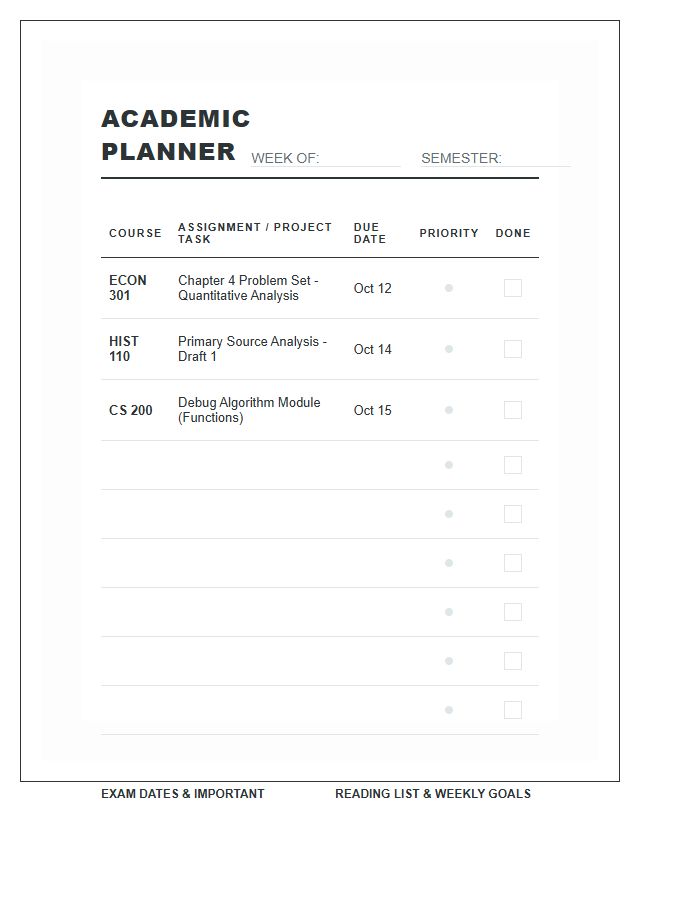 College Level Student Homework Planner Printable Chart