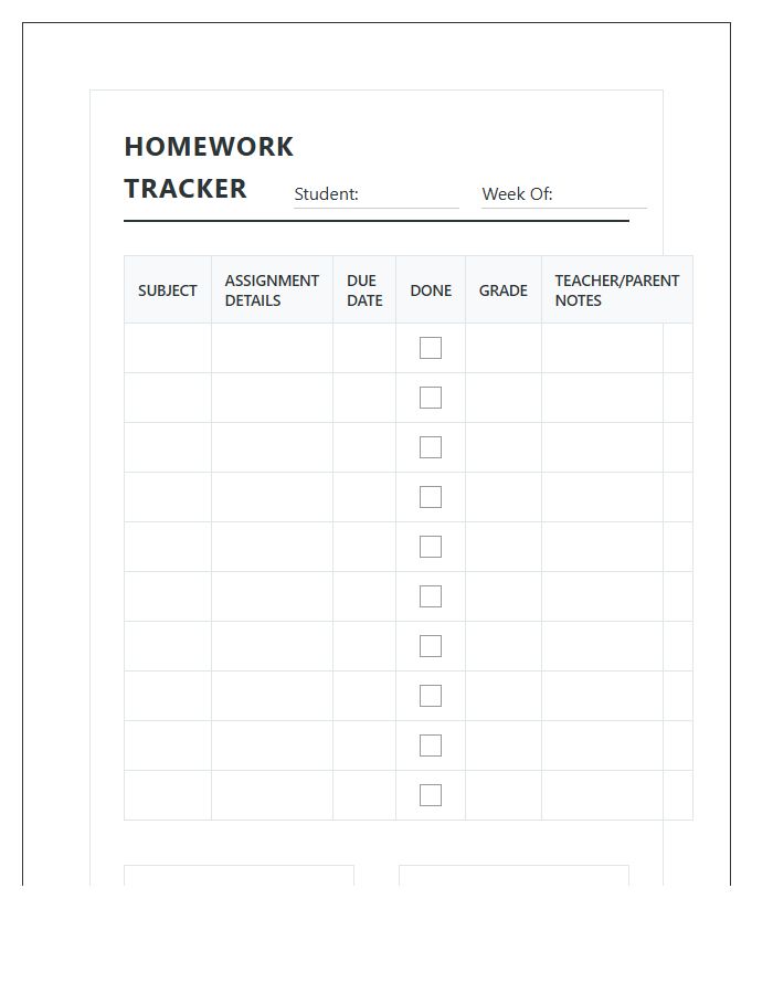Comprehensive Student Homework Monitoring Printable Chart
