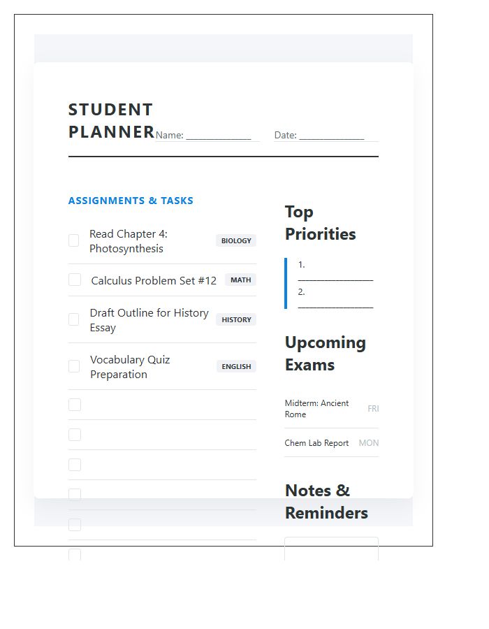 Daily Task Student Homework Planner Printable Chart