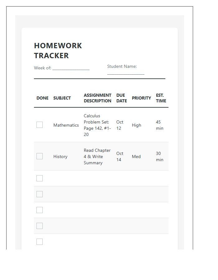 Effective Student Homework Management Printable Chart