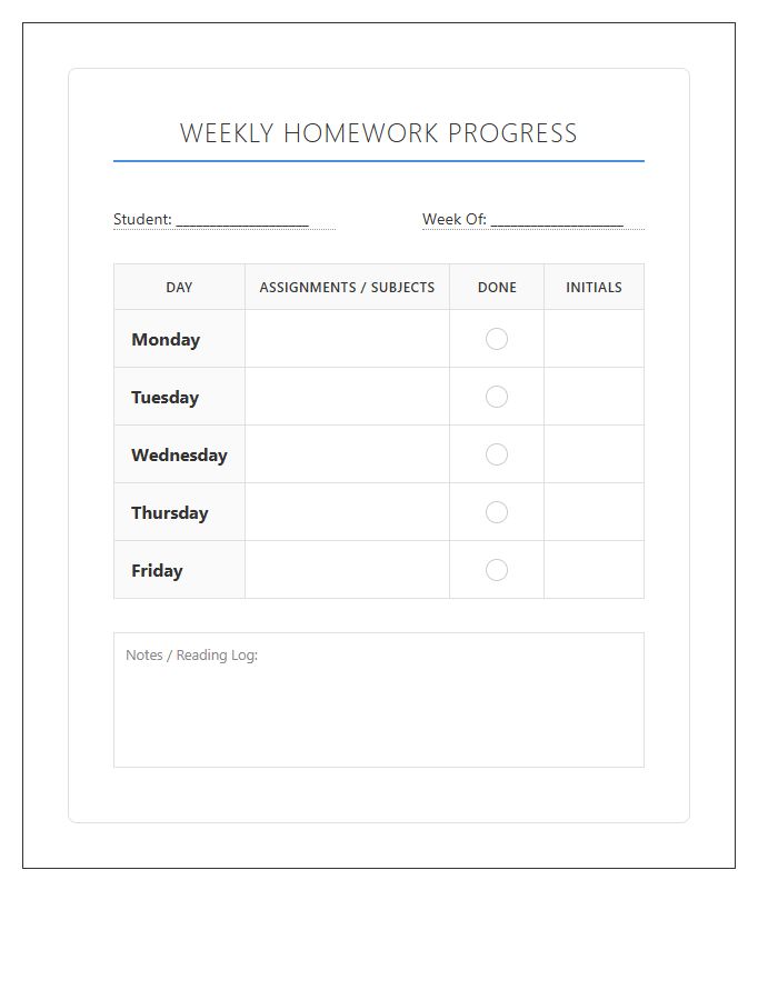 Elementary Student Homework Progress Printable Chart