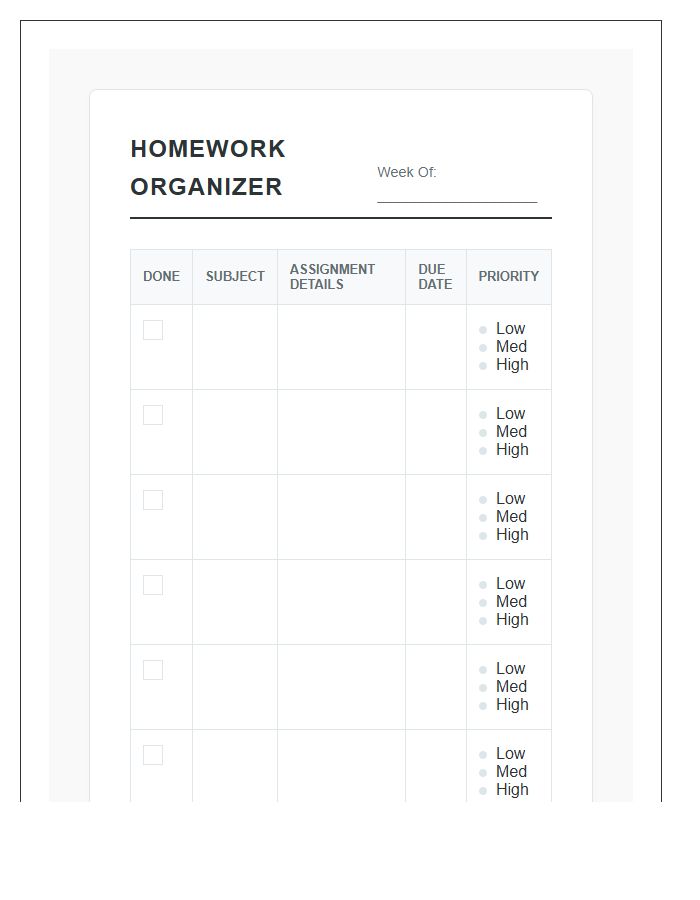 High School Student Homework Organizer Printable Chart