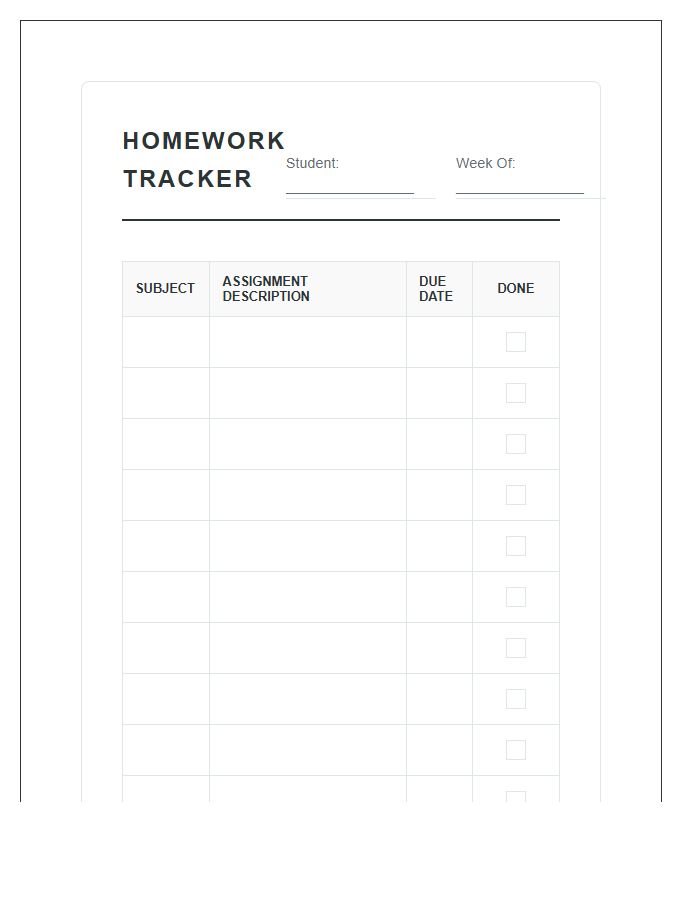 Home Education Student Homework Tracking Printable Chart