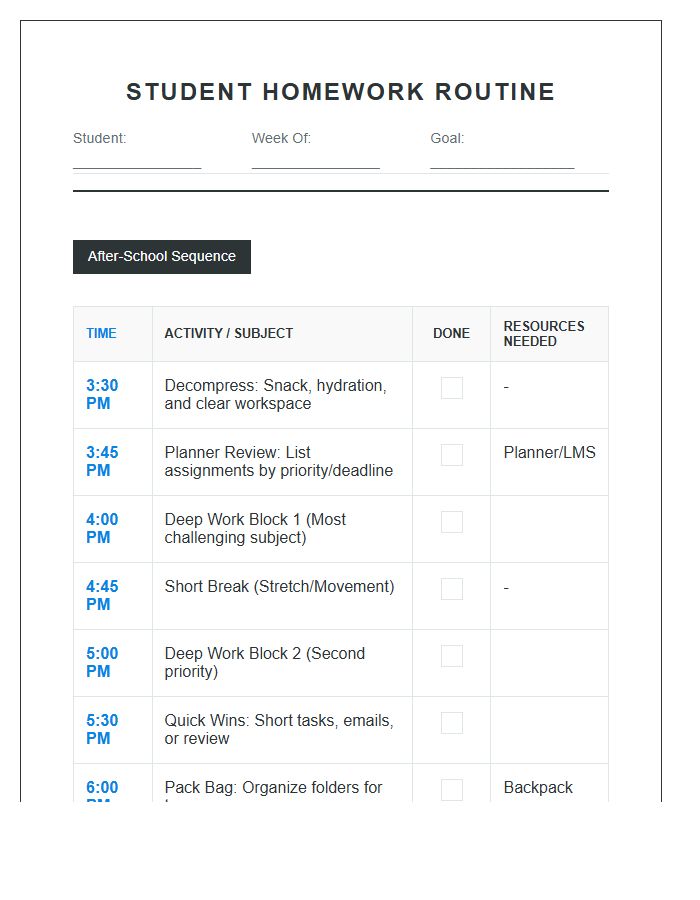 Integrated Student Homework Routine Printable Chart